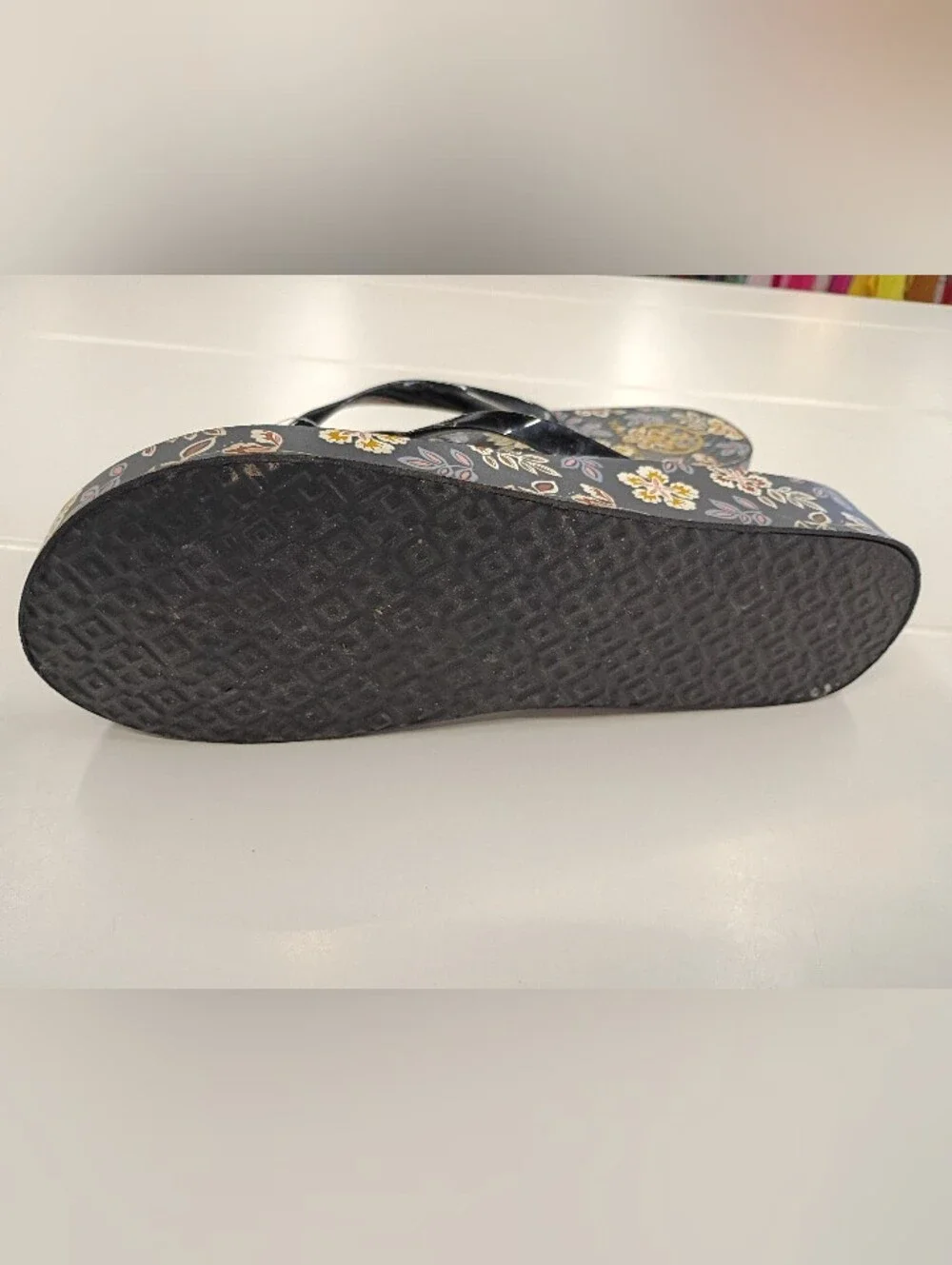 Tory Burch Black Floral Logo Thong Sandals